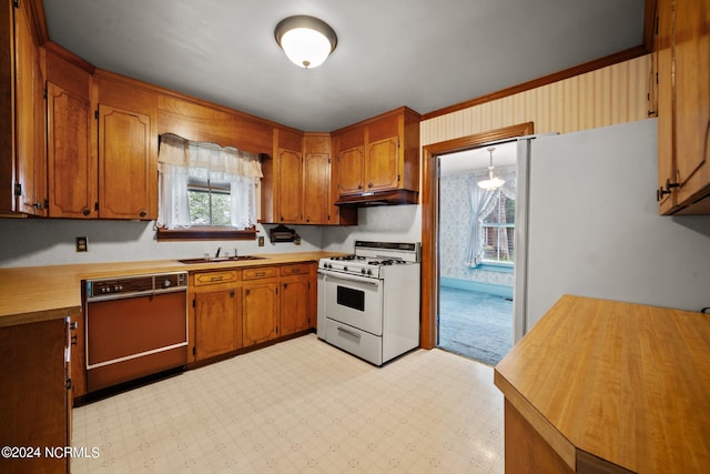 kitchen featuring dishwasher, sink, white gas stove, and a notable chandelier