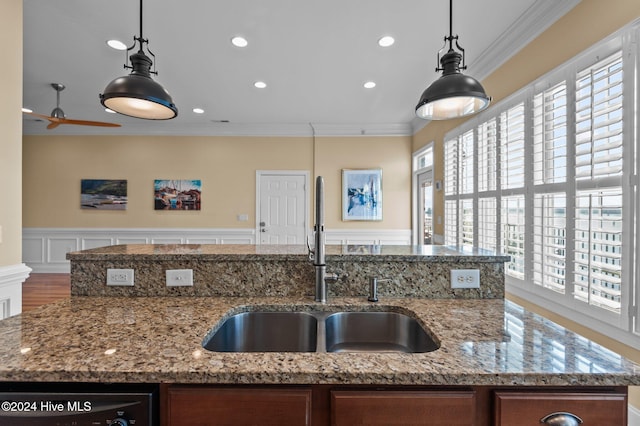 kitchen with ornamental molding, a wealth of natural light, black dishwasher, and a sink