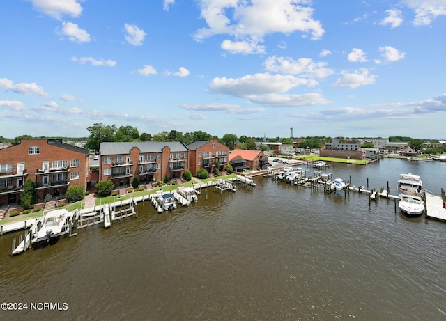 view of water feature with a dock