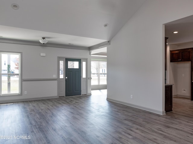 entrance foyer with wood-type flooring, vaulted ceiling, and a healthy amount of sunlight