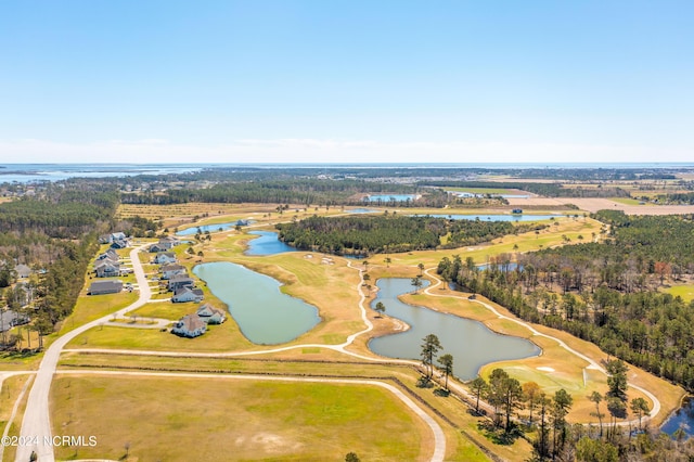 aerial view featuring a forest view and a water view