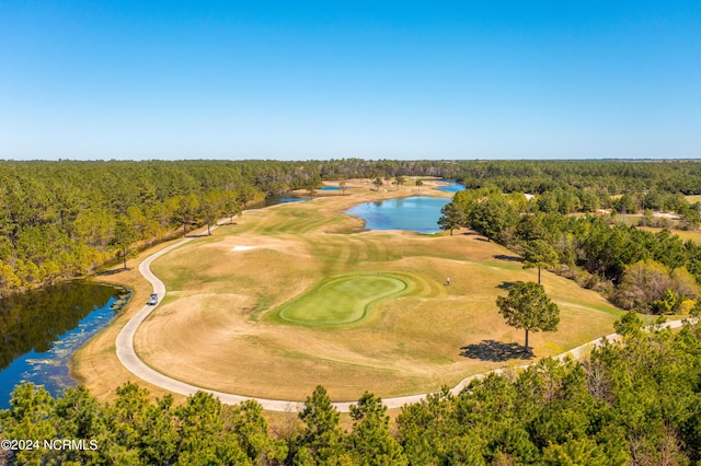 birds eye view of property featuring golf course view, a water view, and a view of trees