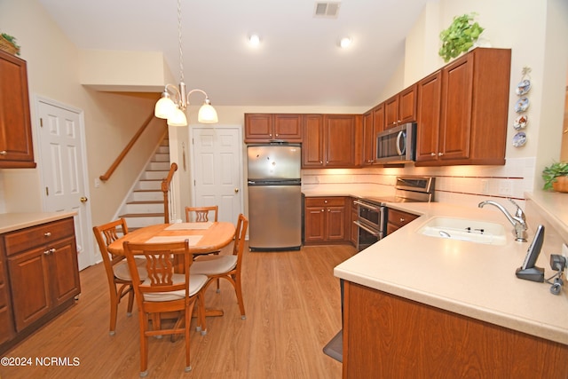 kitchen featuring decorative backsplash, sink, pendant lighting, and appliances with stainless steel finishes