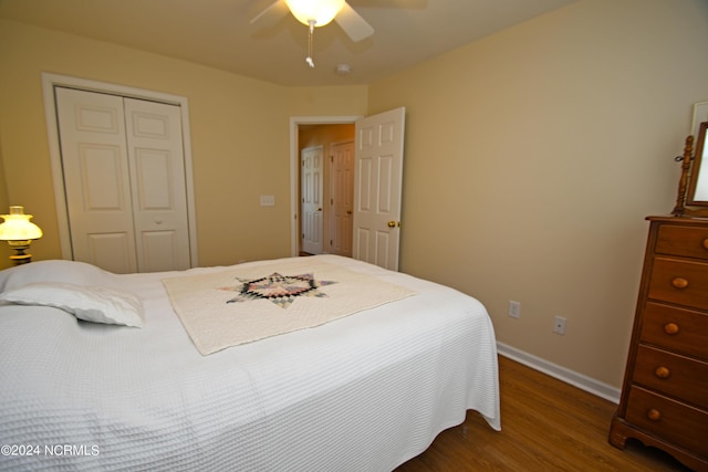 bedroom with ceiling fan, a closet, and dark wood-type flooring