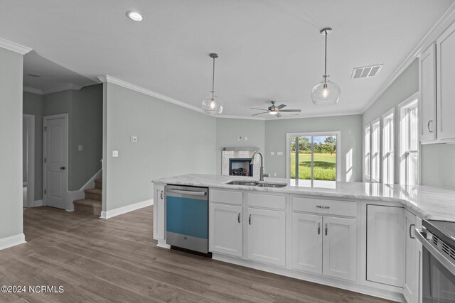 kitchen with hardwood / wood-style floors, sink, white cabinetry, and stainless steel appliances