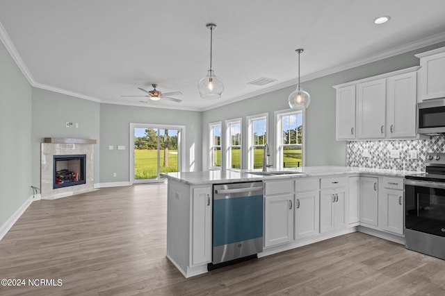 kitchen with light wood-type flooring, stainless steel appliances, white cabinetry, and sink