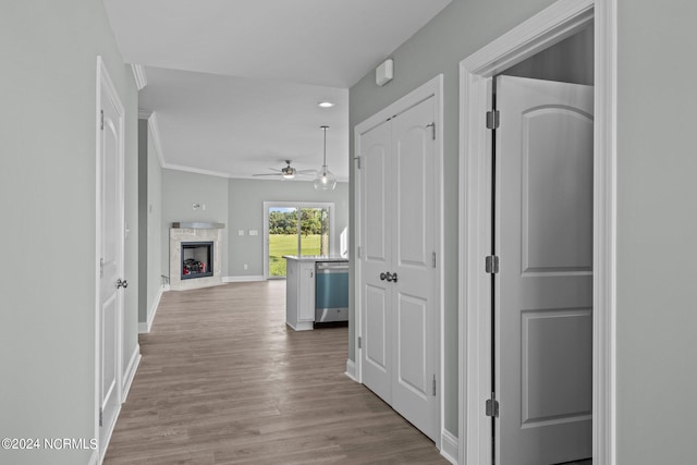 hallway with crown molding and light hardwood / wood-style flooring