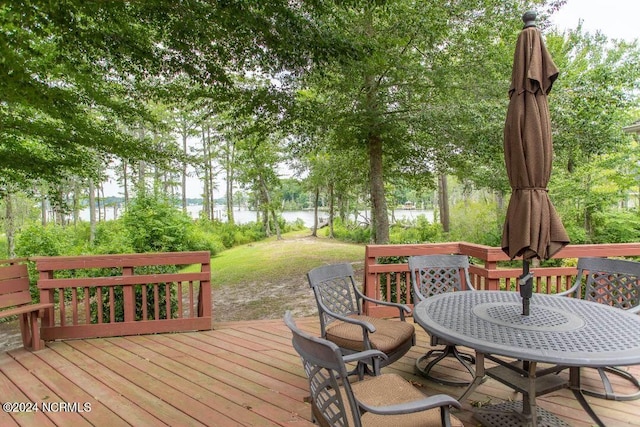 wooden terrace featuring a water view