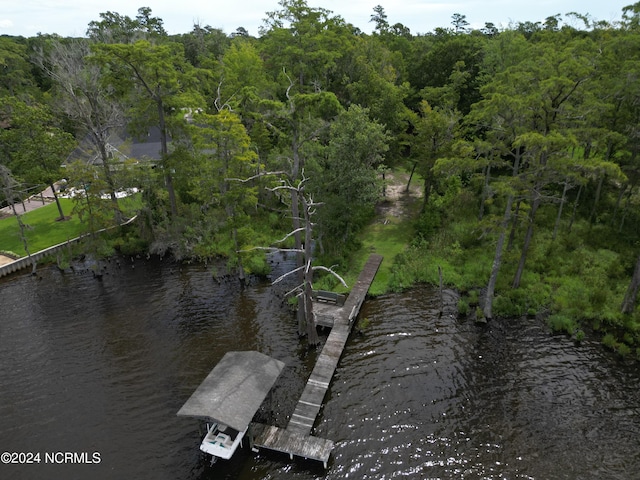 exterior space with a water view and a view of trees