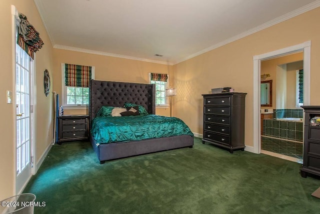 bedroom with carpet floors, ornamental molding, ensuite bath, and baseboards