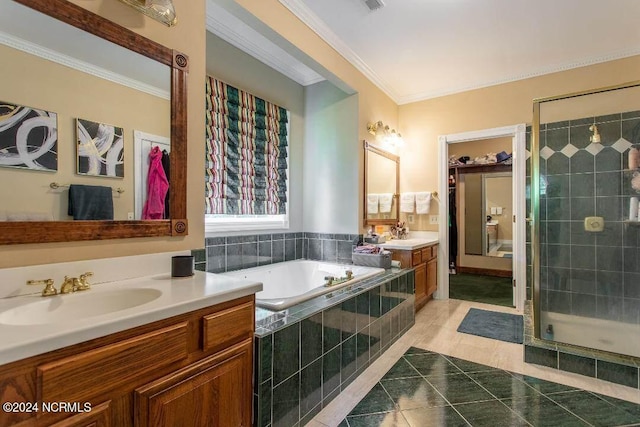 bathroom featuring tile patterned flooring, vanity, and independent shower and bath