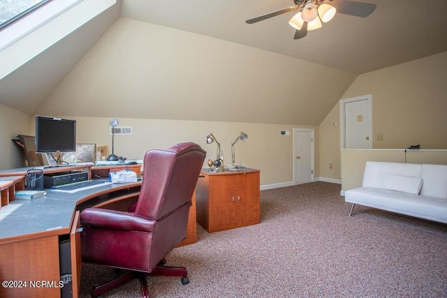 carpeted home office featuring a ceiling fan and lofted ceiling