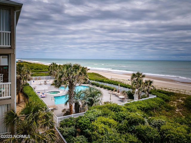 property view of water featuring a beach view