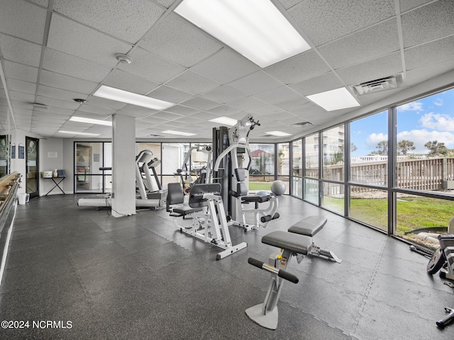 gym featuring a paneled ceiling and a wall of windows