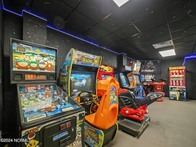 game room with concrete floors