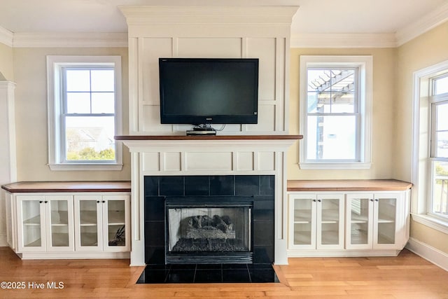 room details with baseboards, a fireplace, wood finished floors, and crown molding