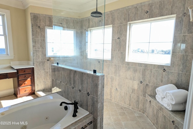 bathroom featuring a walk in shower, ornamental molding, a jetted tub, and plenty of natural light