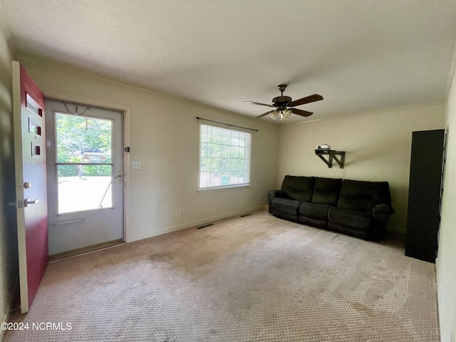 living area with carpet floors, a healthy amount of sunlight, a textured ceiling, and baseboards