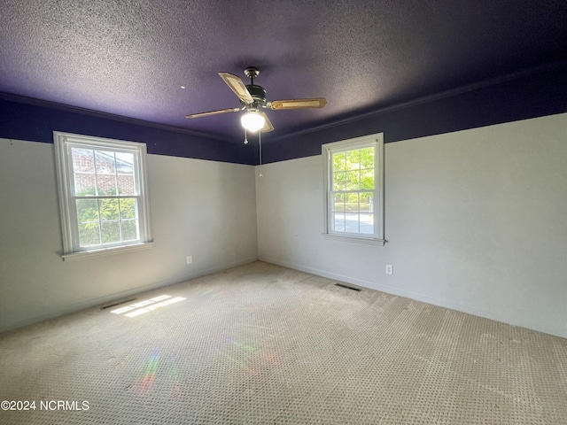 empty room with carpet floors, visible vents, plenty of natural light, and a textured ceiling