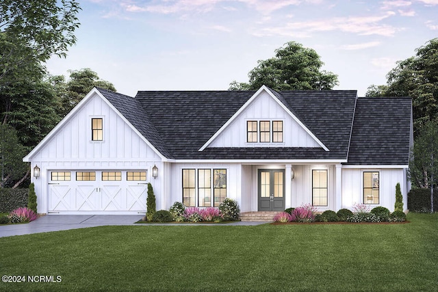 view of front of house featuring driveway, a garage, french doors, board and batten siding, and a front yard