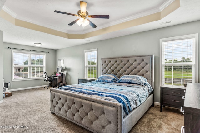 bedroom featuring ceiling fan, carpet floors, and a tray ceiling