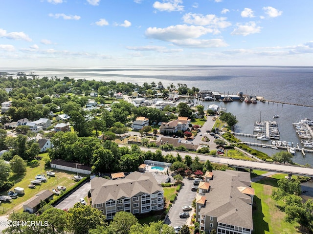 drone / aerial view featuring a water view