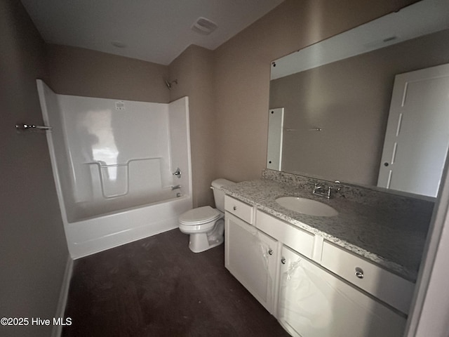 full bathroom with toilet, bathtub / shower combination, vanity, and hardwood / wood-style floors