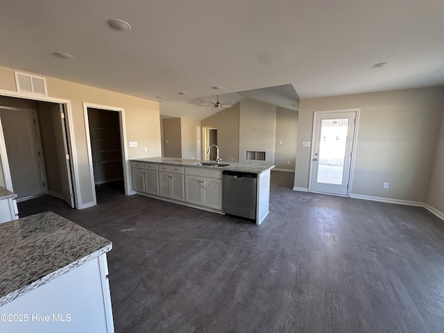 kitchen with white cabinetry, ceiling fan, dark hardwood / wood-style flooring, dishwasher, and sink