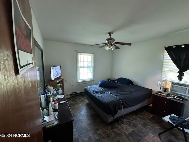 tiled bedroom with ceiling fan