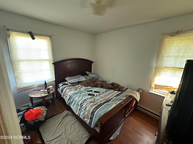 bedroom featuring hardwood / wood-style floors, multiple windows, and a baseboard radiator