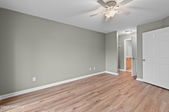 unfurnished bedroom with light hardwood / wood-style flooring and ceiling fan