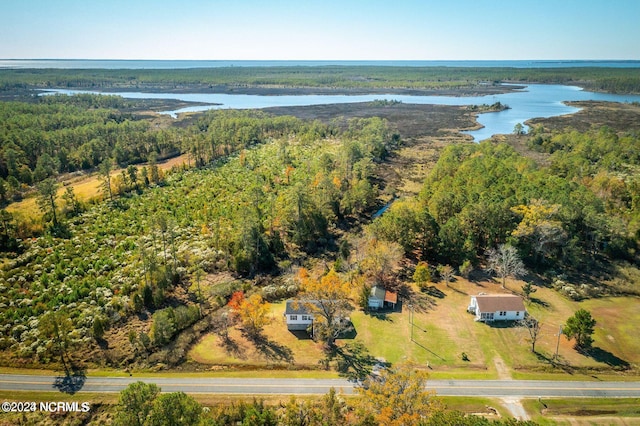 aerial view featuring a water view and a view of trees