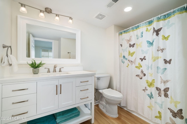 331 Salter Path Rd Unit 104, Pine Knoll Shores, NC 28512 - bathroom featuring toilet, wood finished floors, vanity, and curtained shower