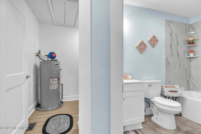 full bathroom featuring tub / shower combination, a textured ceiling, vanity, water heater, and toilet