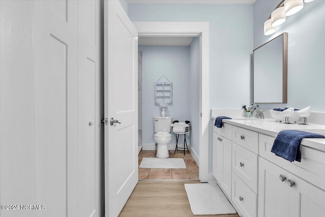 bathroom with vanity, toilet, and wood-type flooring