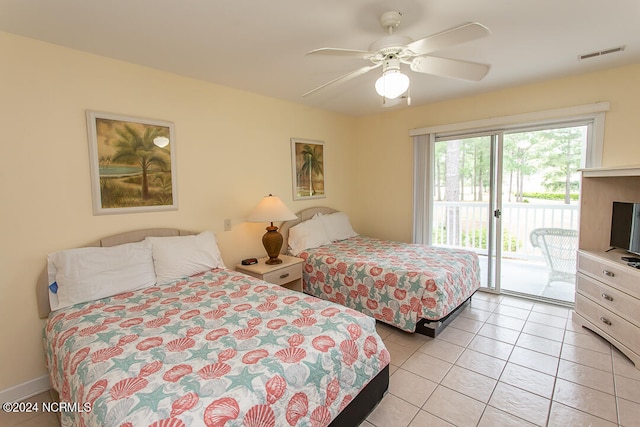 bedroom with light tile patterned flooring, access to exterior, and ceiling fan