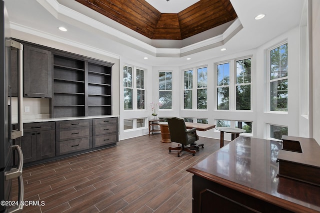 office area featuring a tray ceiling, wooden ceiling, and ornamental molding