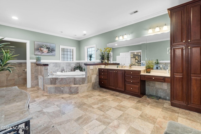 1491 Lanvale Rd NE, Leland, NC 28451 - bathroom with ornamental molding, visible vents, a garden tub, and vanity