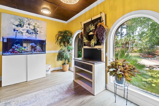 1491 Lanvale Rd NE, Leland, NC 28451 - interior space featuring wooden ceiling, crown molding, and wood finished floors