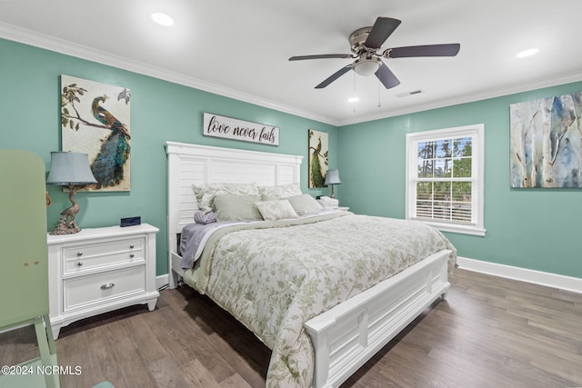 1491 Lanvale Rd NE, Leland, NC 28451 - bedroom featuring dark wood-style floors, visible vents, ornamental molding, a ceiling fan, and baseboards