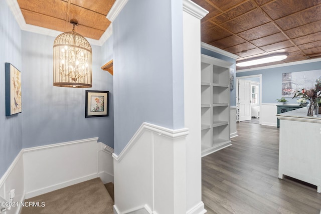 1491 Lanvale Rd NE, Leland, NC 28451 - hall with wooden ceiling, ornamental molding, wood finished floors, and an upstairs landing