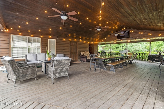 1491 Lanvale Rd NE, Leland, NC 28451 - wooden terrace featuring outdoor dining area, an outdoor living space, and a ceiling fan