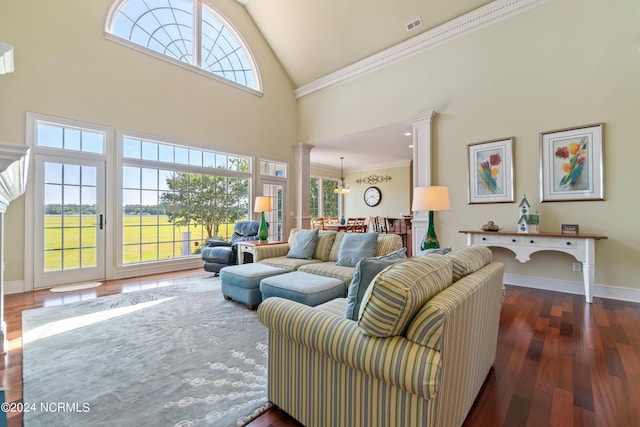 living area featuring decorative columns, baseboards, ornamental molding, wood finished floors, and high vaulted ceiling