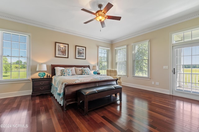 bedroom featuring dark wood-style floors, crown molding, ceiling fan, access to outside, and baseboards