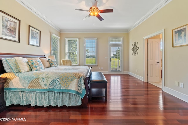 bedroom with access to exterior, dark hardwood / wood-style flooring, ceiling fan, and crown molding