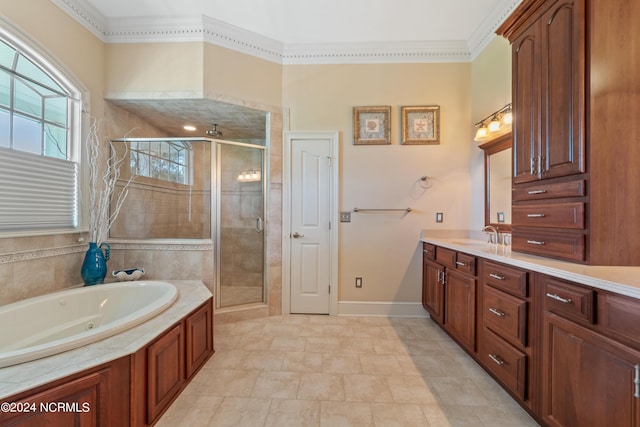 bathroom featuring a garden tub, vanity, baseboards, ornamental molding, and a shower stall