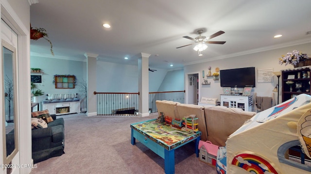 game room featuring ornamental molding, carpet, and ceiling fan