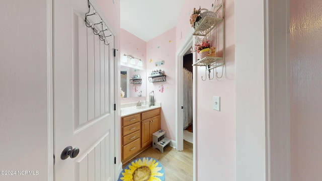 bathroom with vanity and hardwood / wood-style flooring