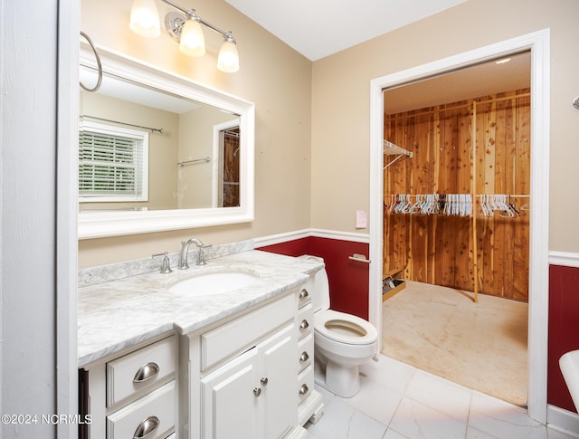 bathroom featuring vanity, walk in shower, and toilet