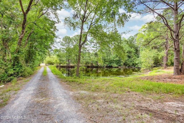 view of street featuring a wooded view